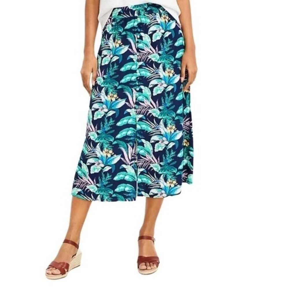 LOFT Navy Tropical Print Midi Skirt